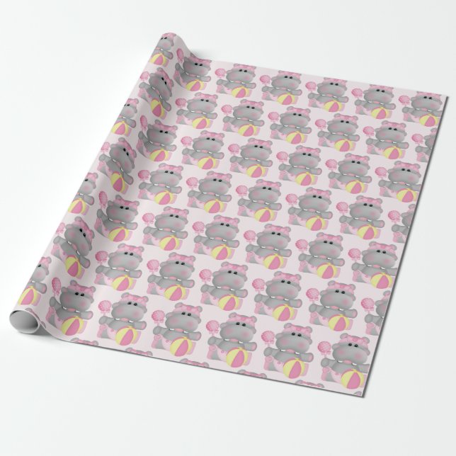 Cute Hippo med rattle och Boll Wrapping Papper Presentpapper (Utrullad)