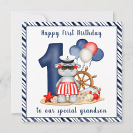 Cute Hippo Nautical 1st Birthday Boy Kort