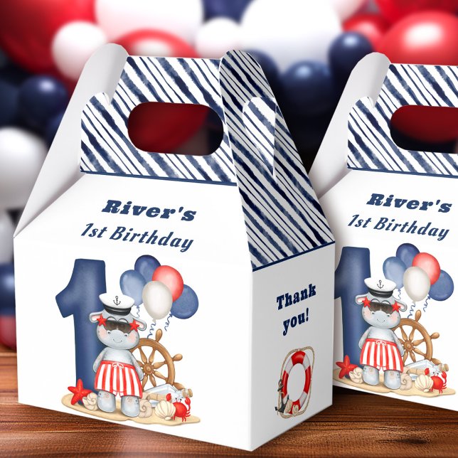 Cute Hippo Nautical 1st Birthday Boy Presentaskar (Cute Hippo Nautical 1st Birthday Boy Favor Box)