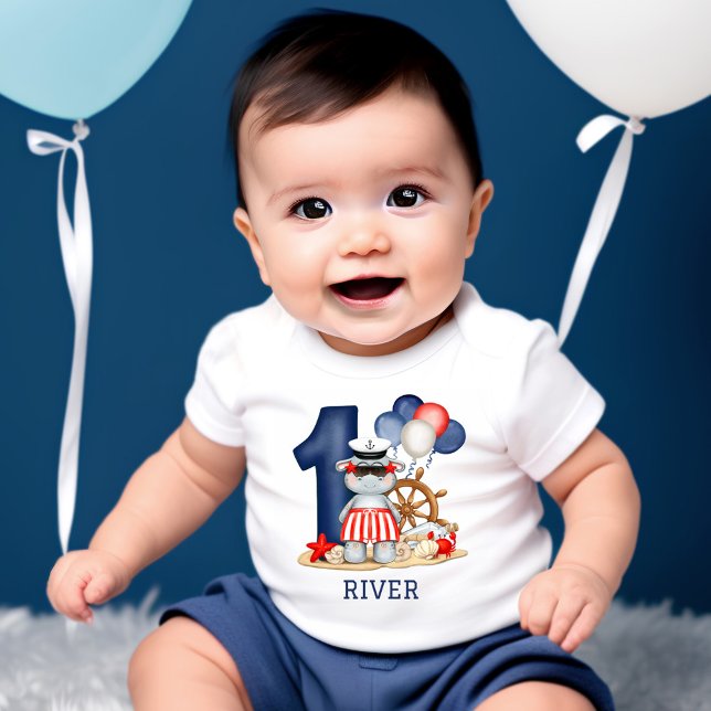 Cute Hippo Nautical 1st Birthday Boy T Shirt (Skapare uppladdad)