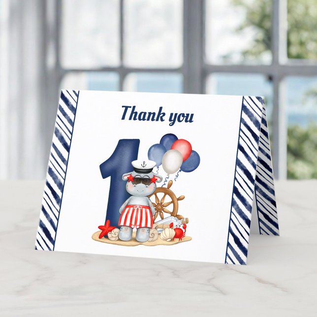 Cute Hippo Nautical Navy Blue 1st Birthday Boy Tack Kort (Cute Hippo Nautical Navy Blue 1st Birthday Boy Thank You Card)