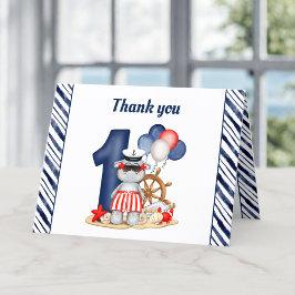 Cute Hippo Nautical Navy Blue 1st Birthday Boy Tack Kort