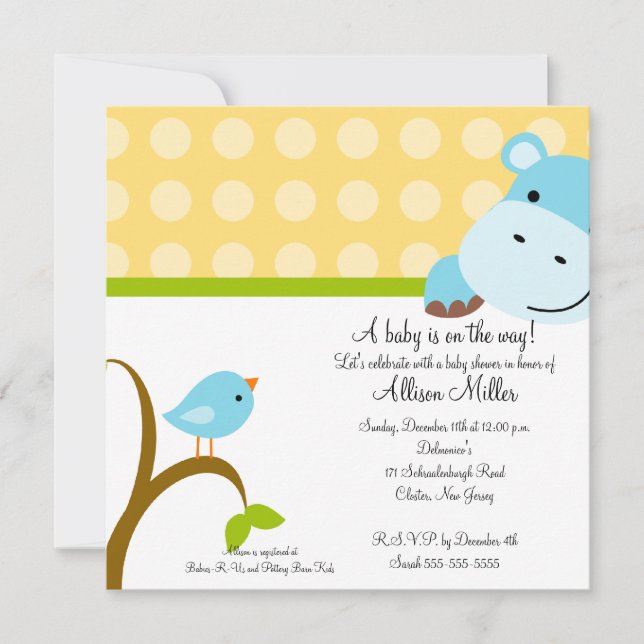 Cute Hippo och Birdie Baby Shower Inbjudningar (Framsida)