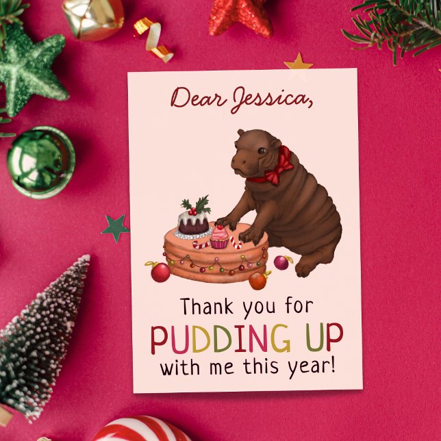 Cute Hippo och Pudding Funny God Jul Tack Helgkort (Skapare uppladdad)