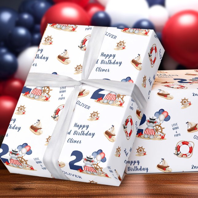 Cute Hippo Sailor Nautical Boat 2:a födelsedagen N Presentpapper (Cute Hippo Sailor Nautical Boat 2nd Birthday Boy Wrapping Paper)