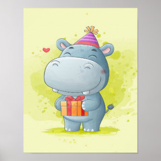 Cute Hippo Watercolor | Perfekt Gift Poster