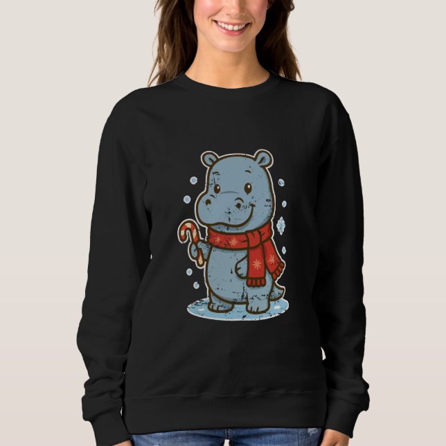 Cute Hippo Winter with Candy Cane T Shirt (Framsida)