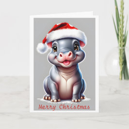 Cute Hippopotamus Santa Hat jul Helgkort