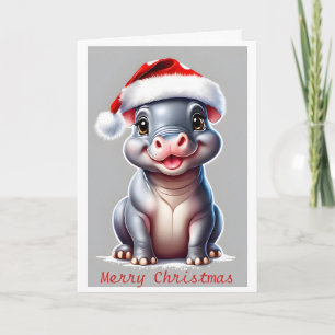 Cute Hippopotamus Santa Hat jul Helgkort