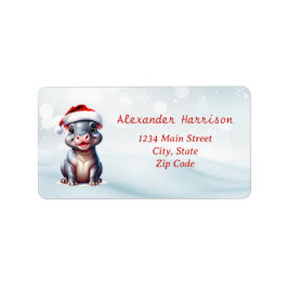 Cute Hippopotamus Santa Hat Snowy-jul Adressetikett