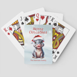 Cute Hippopotamus Santa Hat Snowy-jul Casinokort