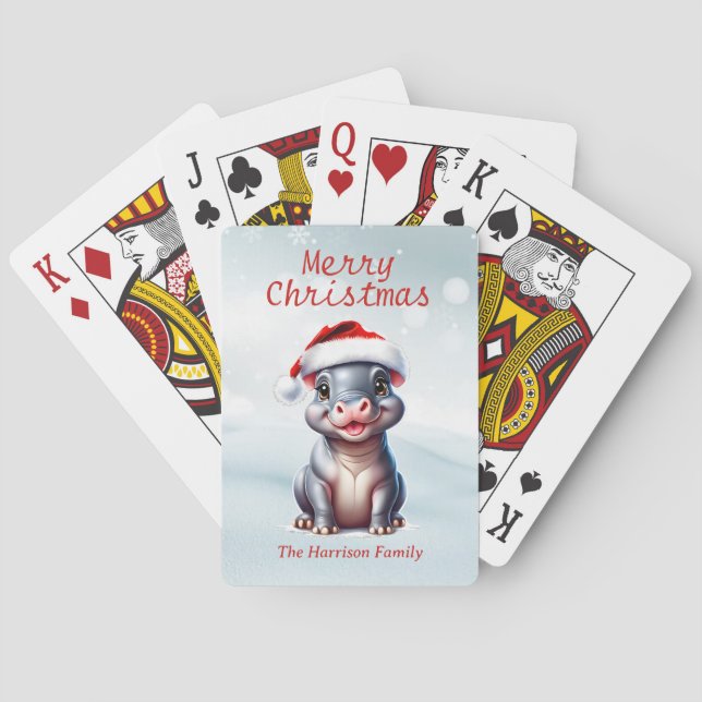 Cute Hippopotamus Santa Hat Snowy-jul Casinokort (Baksidan)