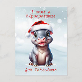 Cute Hippopotamus Santa Hat Snowy-jul Helg Vykort