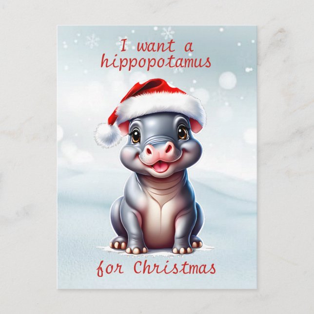 Cute Hippopotamus Santa Hat Snowy-jul Helg Vykort (Framsida)