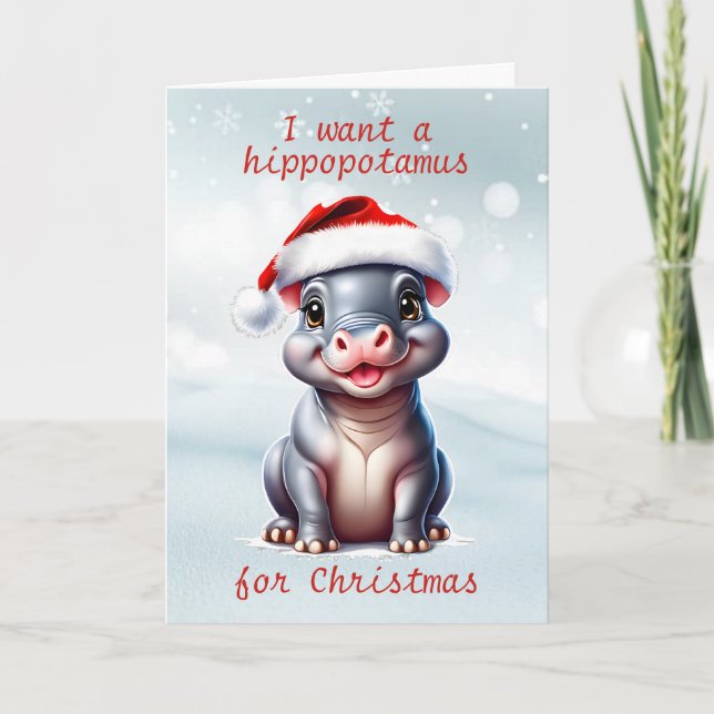 Cute Hippopotamus Santa Hat Snowy-jul Helgkort (Framsida)
