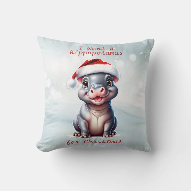 Cute Hippopotamus Santa Hat Snowy-jul Kudde (Framsida)
