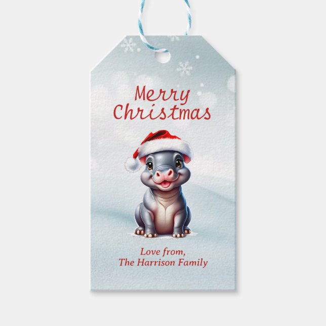 Cute Hippopotamus Santa Hat Snowy-jul Presentetikett (Framsidan)