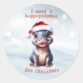 Cute Hippopotamus Santa Hat Snowy-jul Runt Klistermärke