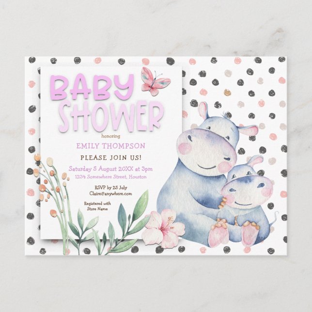Cute Hippos Polka dots Rosa Baby Shower Inbjudan Vykort (Framsida)