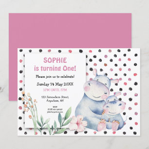Cute Hippos Rosa Dots Girls Första Födelsedagsfest Inbjudningar