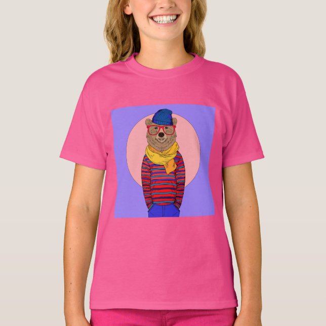 Cute Hipster Bear i månljus T Shirt (Framsida)