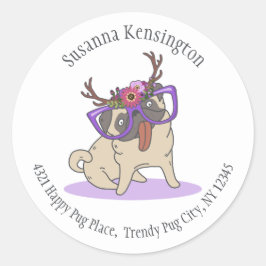 Cute Hipster Boho Hippie Pug Big Glass Adress Runt Klistermärke