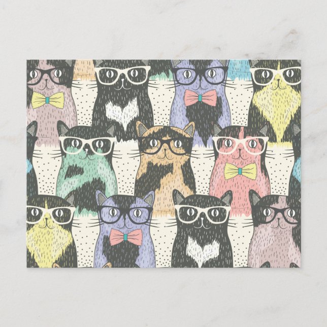 Cute Hipster Cats Mönster Vykort (Framsida)