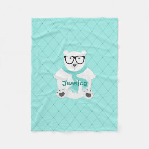 Cute Hipster Polar Bear Teal Faux Quilt Namn Fleecefilt