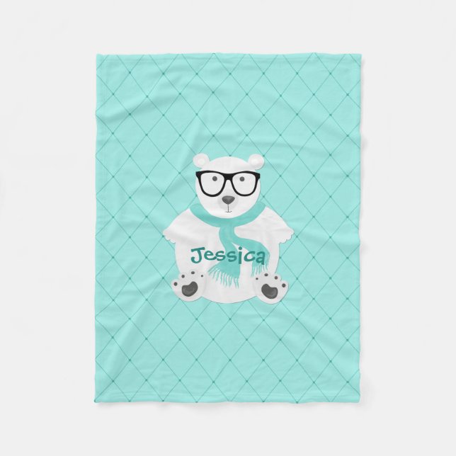 Cute Hipster Polar Bear Teal Faux Quilt Namn Fleecefilt (Framsidan)