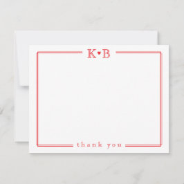 Cute His Hers Initials Red Heart Thank You Anteckningskort