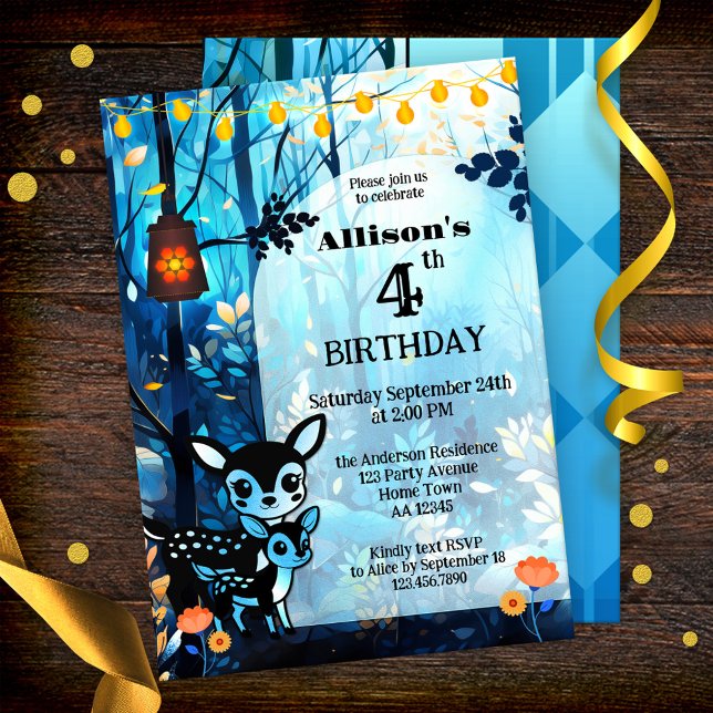 Cute Hjort Autumn Barn Birthday Inbjudningar (Cute autumn kids birthday party invitation featuring two cute deer in a forest with festive lights)