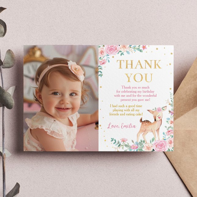 Cute Hjort Blommigt födelsedagsfoto - tackkort Tack Kort (Skapare uppladdad)