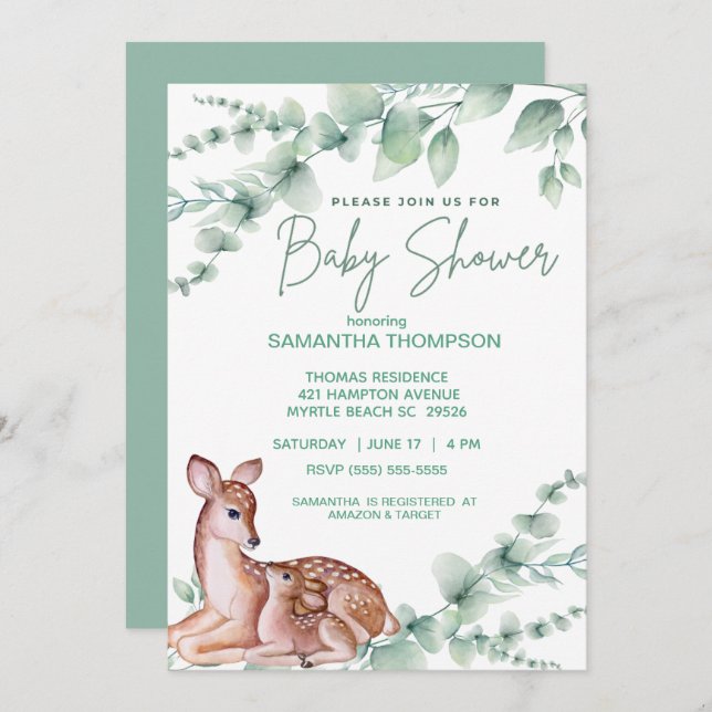 Cute Hjort Fawn Greenery Boys Baby Shower Inbjudningar (Fram/baksida)