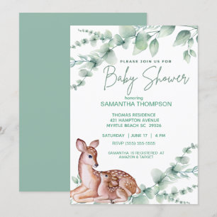 Cute Hjort Fawn Greenery Boys Baby Shower Inbjudningar