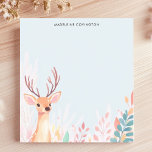 Cute Hjort Fawn med Antlers Personlig Namn Anteckningsblock<br><div class="desc">Lägg till lite skog stollig i dina anteckningar med detta förtjusande, personlig anteckningsblock. En ljuvad fasad med framstående hovdjur står mitt i en mjuk arrangemang av pastelllöv. Den ljusa, muterade bakgrunden förstärker den milda, naturliga känslan. Anpassa det här anteckningsblocket med egen text. Perfekt för naturen älskare, barn eller någon som...</div>