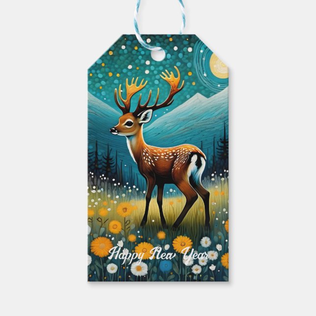 Cute Hjort Flowers Meadow Fantasy - nytt år Presentetikett (Framsidan)