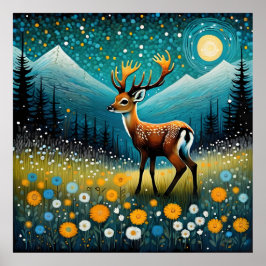Cute Hjort Flowers Meadow Fantasy Poster