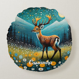 Cute Hjort Flowers Meadow Fantasy Rund Kudde
