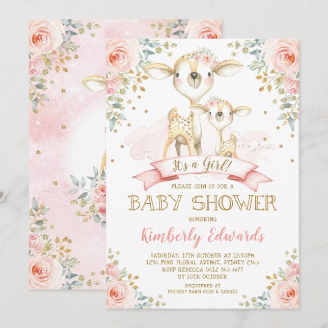 Cute Hjort Girl Baby Shower  Rosa Guld Ro Inbjudningar (Fram/baksida)