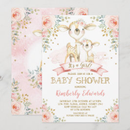 Cute Hjort Girl Baby Shower  Rosa Guld Ro Inbjudningar