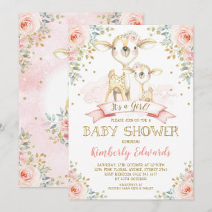 Cute Hjort Girl Baby Shower Rosa Guld Ro Inbjudningar