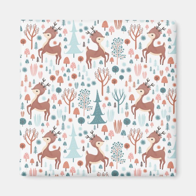 Cute Hjort i julafton Forest Mönster Magnet (Framsidan)