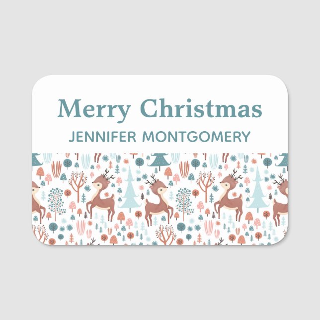 Cute Hjort i julafton Forest Mönster Namnbricka (Framsida)