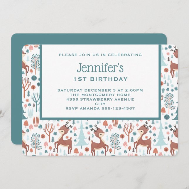 Cute Hjort i Whimsical Forest Mönster Birthday Inbjudningar (Fram/baksida)