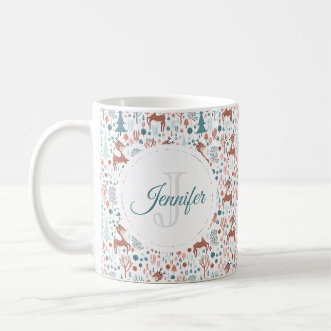 Cute Hjort i Whimsical Forest Mönster Monogram Kaffemugg (Vänster)