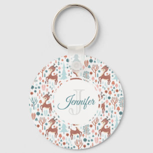 Cute Hjort i Whimsical Forest Mönster Monogram Nyckelring