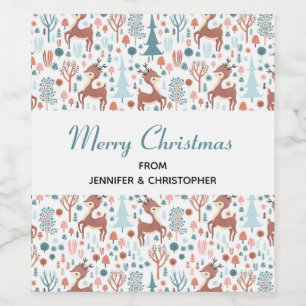 Cute Hjort i Whimsical Forest Mönster Vinflaska Etikett