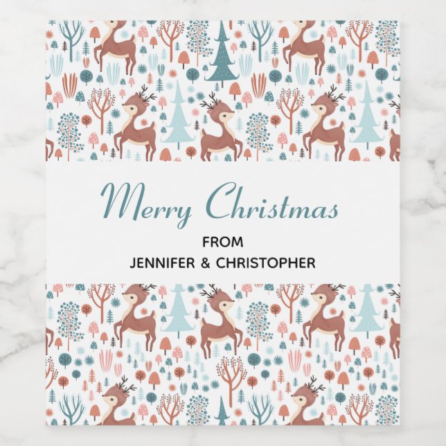 Cute Hjort i Whimsical Forest Mönster Vinflaska Etikett (Singel etikett)