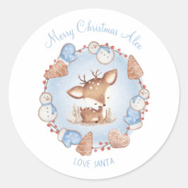 Cute Hjort-julstickers Blue Namn Runt Klistermärke