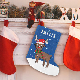 Cute Hjort med jultomten Santa Hat Snö Liten Julstrumpa